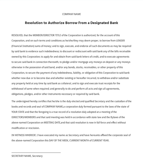 Image of a Board Resolution for Loan from Bank: Template and Guide