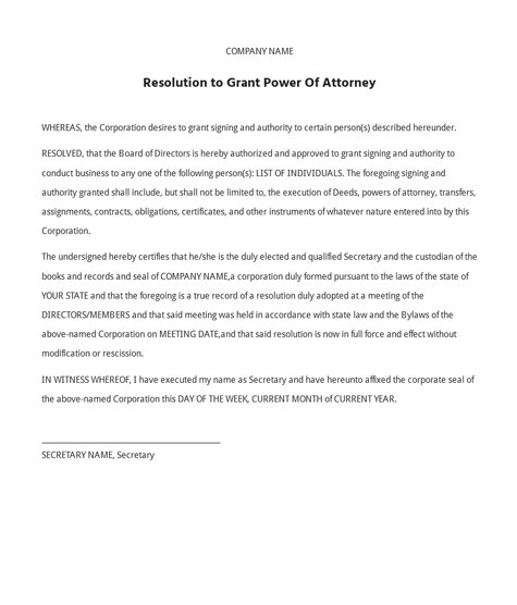 Image of a Board Resolution to Grant Power of Attorney