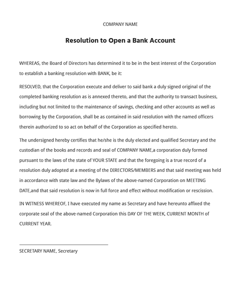 Image of a Board Resolution to Open a Bank Account