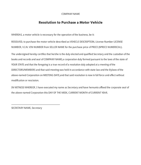 Image of a Board Resolution to Purchase Motor Vehicle