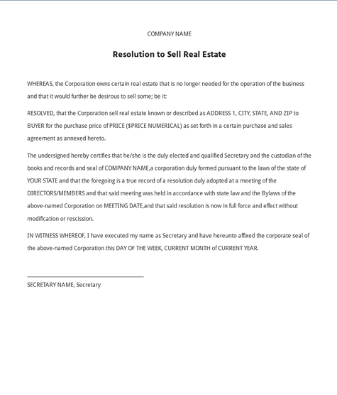 Image of a Board Resolution to Sell Real Estate